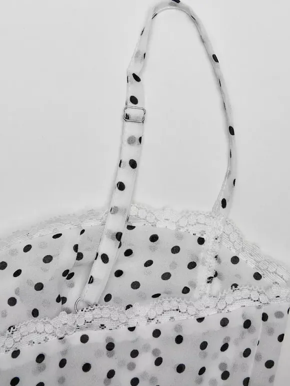 Daily Dresses Woman's Midi Dress Black Polyester Sleeveless Straps Neck Polka Dot Dress