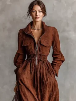 Daily Dresses Women's Maxi Coffee Brown Polyester Long Sleeves V-Neck Raised Waist Dress