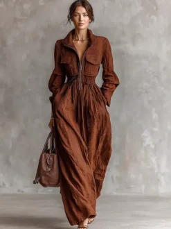 Daily Dresses Women's Maxi Coffee Brown Polyester Long Sleeves V-Neck Raised Waist Dress