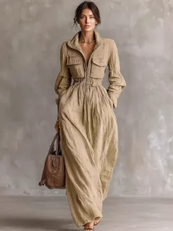 Daily Dresses Women's Maxi Coffee Brown Polyester Long Sleeves V-Neck Raised Waist Dress