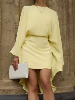 Daily Dresses Women's Mini Beige Polyester Clothes Zipper Long Sleeves Jewel Neck Dress