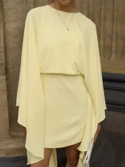Daily Dresses Women's Mini Beige Polyester Clothes Zipper Long Sleeves Jewel Neck Dress