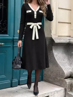 Daily Dresses Black Contrast White Trim Knit Midi Dress V Neck Pocket Belt Tie Waist Long Sleeve A Line Dress
