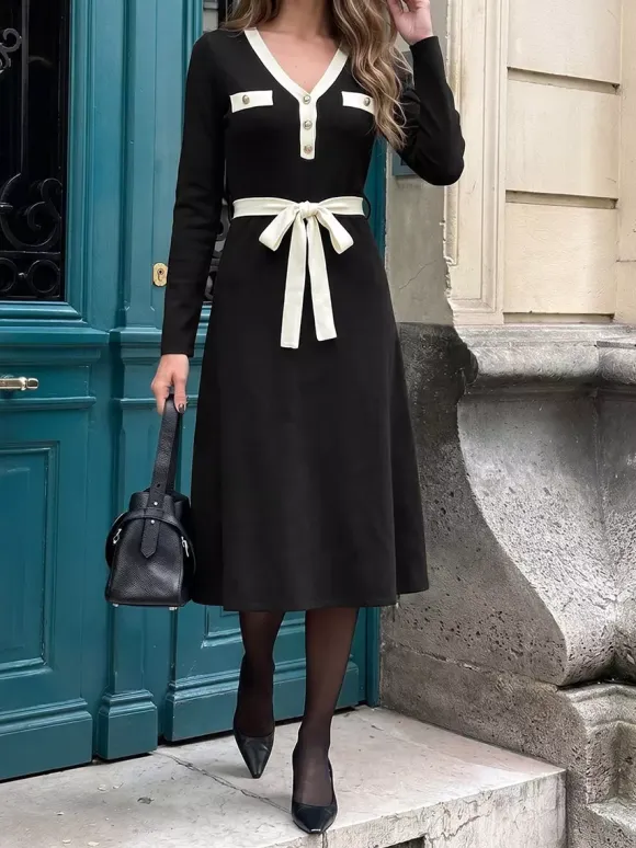 Daily Dresses Black Contrast White Trim Knit Midi Dress V Neck Pocket Belt Tie Waist Long Sleeve A Line Dress