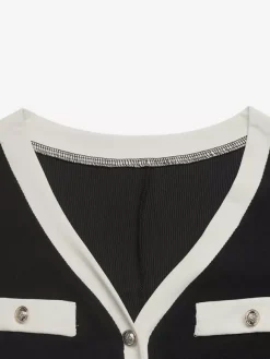 Daily Dresses Black Contrast White Trim Knit Midi Dress V Neck Pocket Belt Tie Waist Long Sleeve A Line Dress