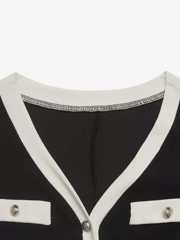 Daily Dresses Black Contrast White Trim Knit Midi Dress V Neck Pocket Belt Tie Waist Long Sleeve A Line Dress