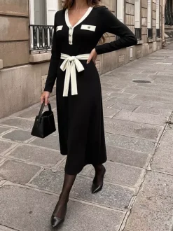 Daily Dresses Black Contrast White Trim Knit Midi Dress V Neck Pocket Belt Tie Waist Long Sleeve A Line Dress