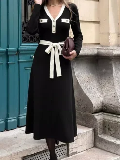Daily Dresses Black Contrast White Trim Knit Midi Dress V Neck Pocket Belt Tie Waist Long Sleeve A Line Dress
