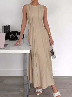 Daily Dresses Camel Sleeveless Knit Maxi Round Neck Slim Fit A Line Casual Dress