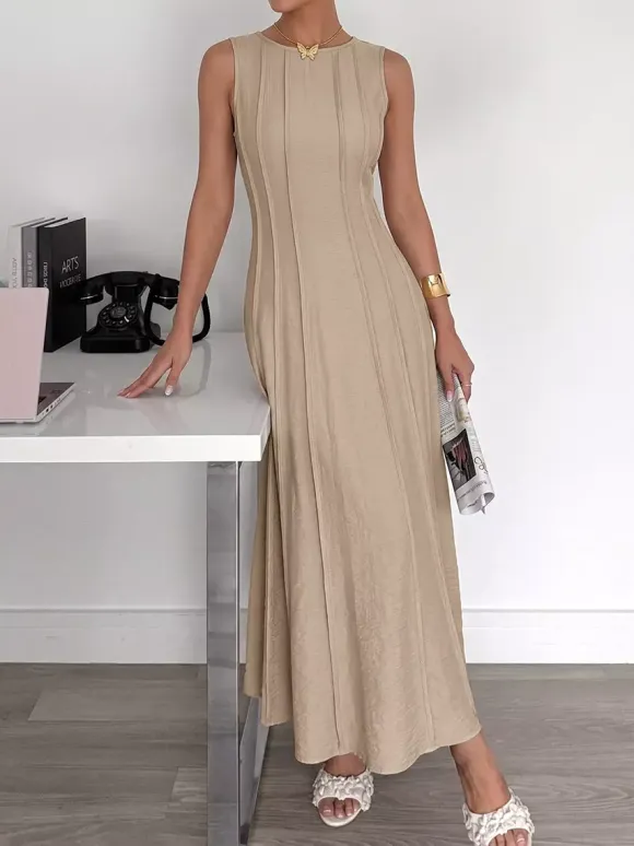 Daily Dresses Camel Sleeveless Knit Maxi Round Neck Slim Fit A Line Casual Dress