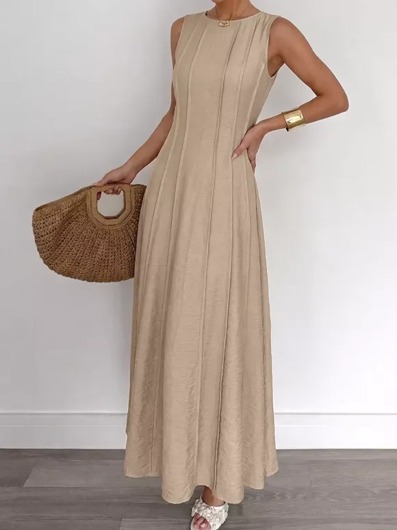 Daily Dresses Camel Sleeveless Knit Maxi Round Neck Slim Fit A Line Casual Dress