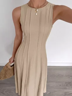 Daily Dresses Camel Sleeveless Knit Maxi Round Neck Slim Fit A Line Casual Dress