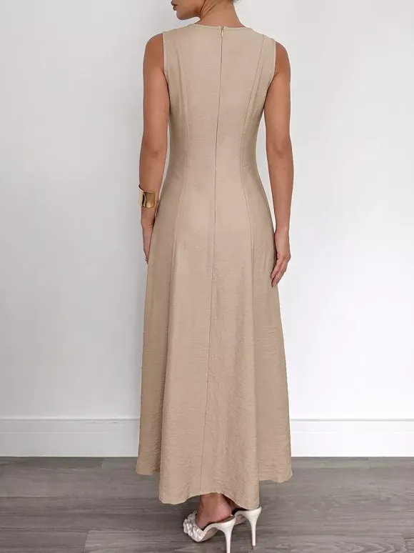 Daily Dresses Camel Sleeveless Knit Maxi Round Neck Slim Fit A Line Casual Dress