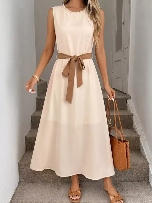Daily Dresses Casual Midi Cream Satin Sleeveless Pearl Beaded Neckline Self Waist Belt Formal Dress