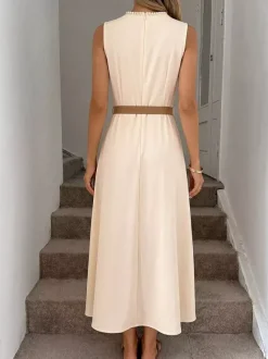 Daily Dresses Casual Midi Cream Satin Sleeveless Pearl Beaded Neckline Self Waist Belt Formal Dress
