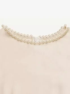 Daily Dresses Casual Midi Cream Satin Sleeveless Pearl Beaded Neckline Self Waist Belt Formal Dress