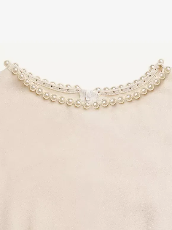 Daily Dresses Casual Midi Cream Satin Sleeveless Pearl Beaded Neckline Self Waist Belt Formal Dress