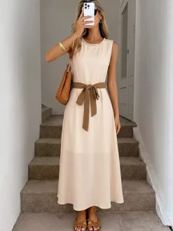 Daily Dresses Casual Midi Cream Satin Sleeveless Pearl Beaded Neckline Self Waist Belt Formal Dress