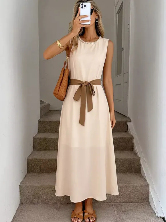 Daily Dresses Casual Midi Cream Satin Sleeveless Pearl Beaded Neckline Self Waist Belt Formal Dress