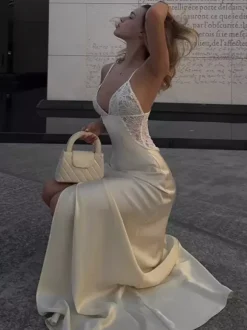 Daily Dresses Deep V Lace Satin Spaghetti Strap Slit Mermaid Maxi Dress