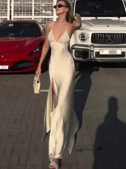 Daily Dresses Deep V Lace Satin Spaghetti Strap Slit Mermaid Maxi Dress