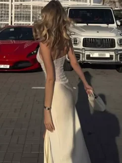 Daily Dresses Deep V Lace Satin Spaghetti Strap Slit Mermaid Maxi Dress