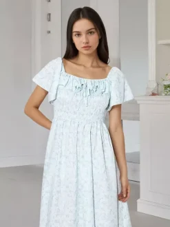 Daily Dresses Floral Print Square Neck Short Sleeves Backless Sweet Summer Long Dress