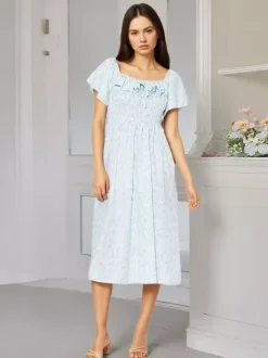 Daily Dresses Floral Print Square Neck Short Sleeves Backless Sweet Summer Long Dress