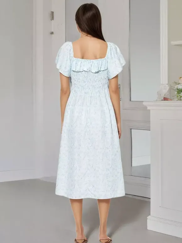 Daily Dresses Floral Print Square Neck Short Sleeves Backless Sweet Summer Long Dress