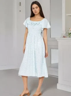 Daily Dresses Floral Print Square Neck Short Sleeves Backless Sweet Summer Long Dress