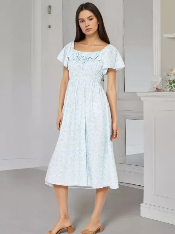 Daily Dresses Floral Print Square Neck Short Sleeves Backless Sweet Summer Long Dress