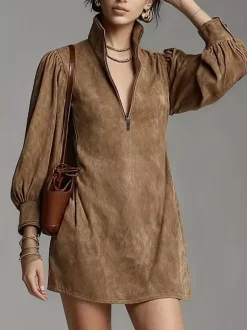 Daily Dresses For Woman Mini Dresses Camel Long Sleeves V-Neck Natural Waist Dress