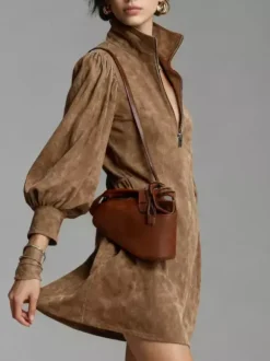 Daily Dresses For Woman Mini Dresses Camel Long Sleeves V-Neck Natural Waist Dress