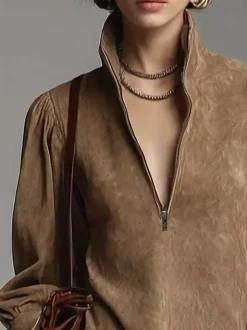 Daily Dresses For Woman Mini Dresses Camel Long Sleeves V-Neck Natural Waist Dress