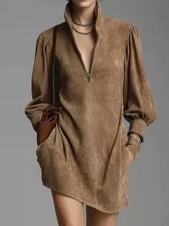Daily Dresses For Woman Mini Dresses Camel Long Sleeves V-Neck Natural Waist Dress
