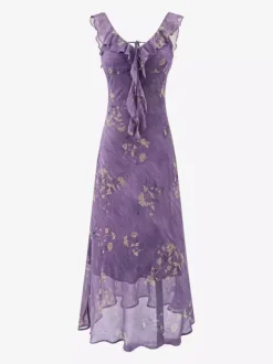 Daily Dresses For Woman Purple Flowers Sleeveless V-Neck Raised Waist Dress
