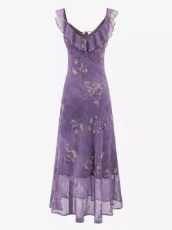 Daily Dresses For Woman Purple Flowers Sleeveless V-Neck Raised Waist Dress
