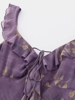 Daily Dresses For Woman Purple Flowers Sleeveless V-Neck Raised Waist Dress