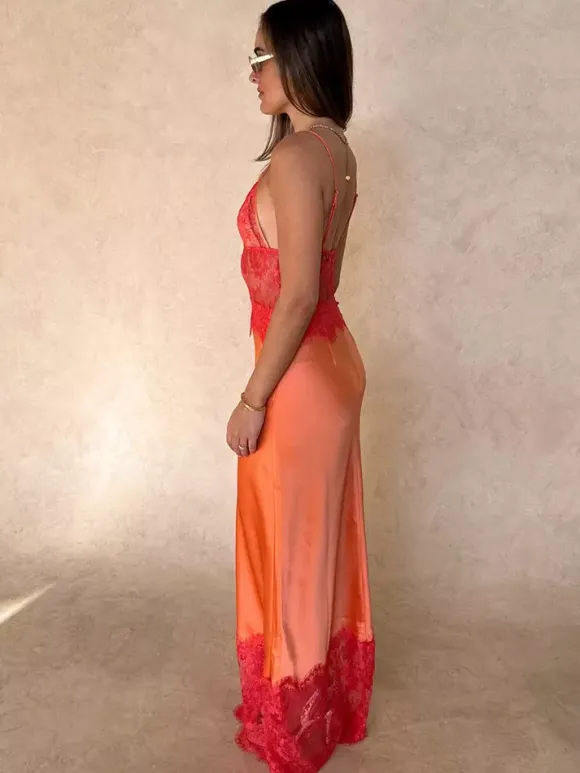 Daily Dresses For Women Maxi Orange Backless Ruffles Sleeveless Straps Neck Dress