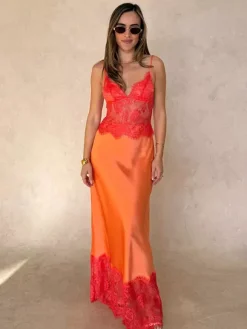 Daily Dresses For Women Maxi Orange Backless Ruffles Sleeveless Straps Neck Dress