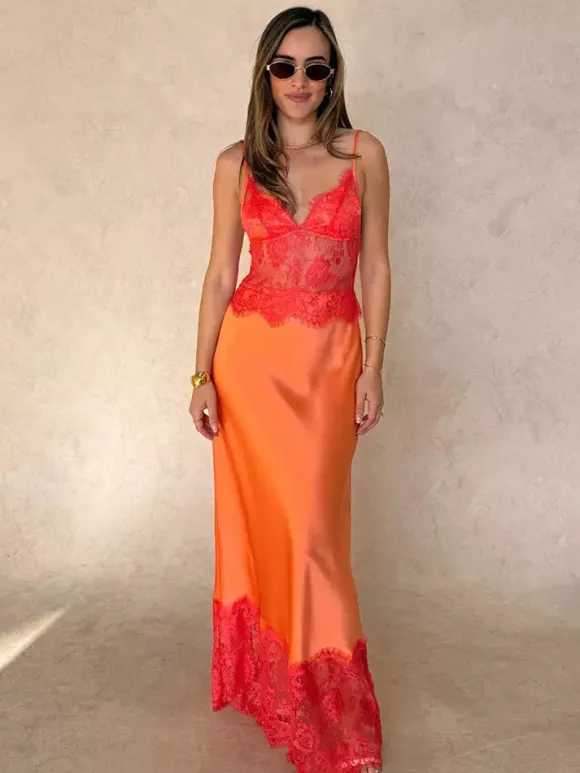 Daily Dresses For Women Maxi Orange Backless Ruffles Sleeveless Straps Neck Dress