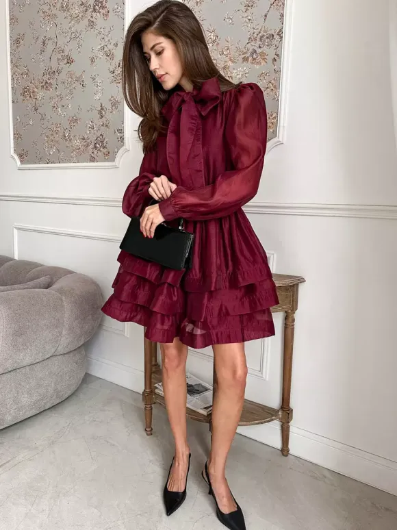Daily Dresses For Women Mini Burgundy Pleated Long Sleeves Stand Collar Wrap Waist Gown