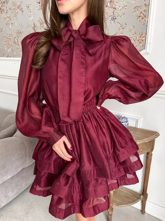 Daily Dresses For Women Mini Burgundy Pleated Long Sleeves Stand Collar Wrap Waist Gown
