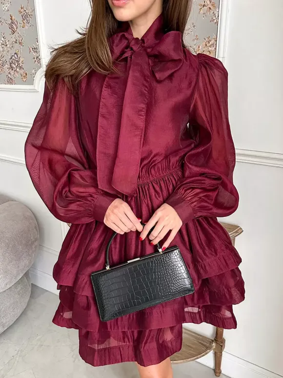 Daily Dresses For Women Mini Burgundy Pleated Long Sleeves Stand Collar Wrap Waist Gown