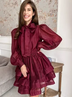 Daily Dresses For Women Mini Burgundy Pleated Long Sleeves Stand Collar Wrap Waist Gown