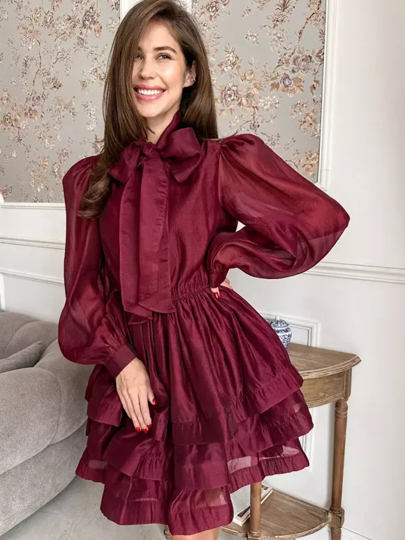 Daily Dresses For Women Mini Burgundy Pleated Long Sleeves Stand Collar Wrap Waist Gown