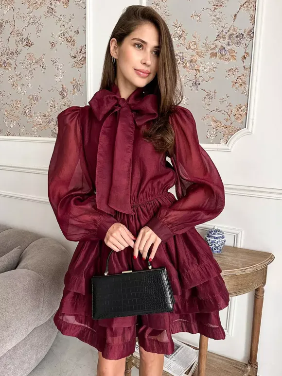 Daily Dresses For Women Mini Burgundy Pleated Long Sleeves Stand Collar Wrap Waist Gown