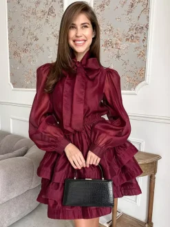 Daily Dresses For Women Mini Burgundy Pleated Long Sleeves Stand Collar Wrap Waist Gown