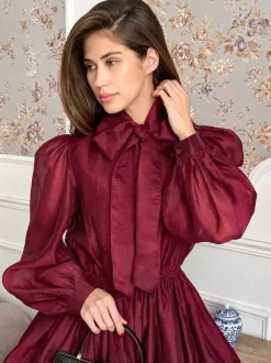 Daily Dresses For Women Mini Burgundy Pleated Long Sleeves Stand Collar Wrap Waist Gown