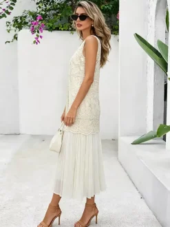 Daily Dresses Maxi Daily For Woman Sleeveless Jewel Neck Natural Waist Chic Lace Dress